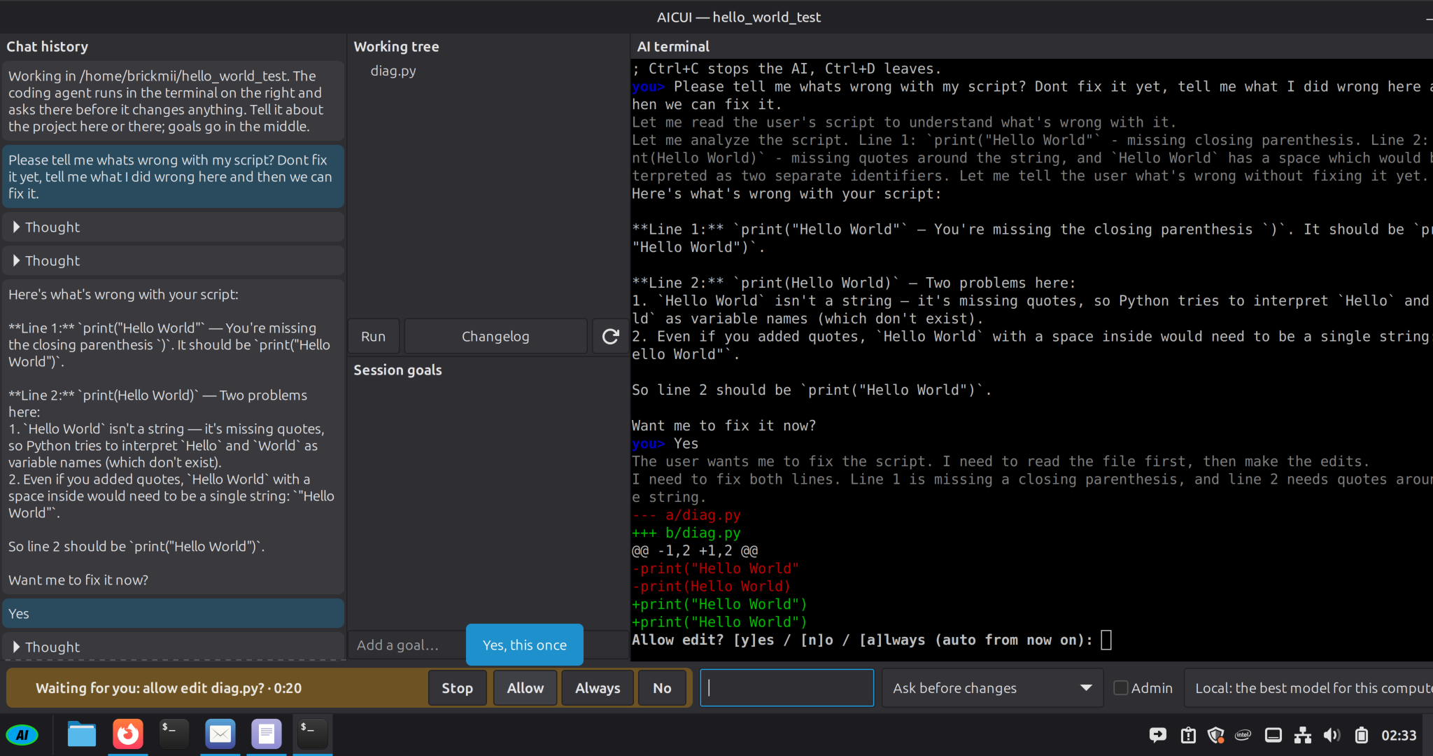 AICUI explaining two mistakes in a Python script line by line, then asking: Want me to fix it now?
