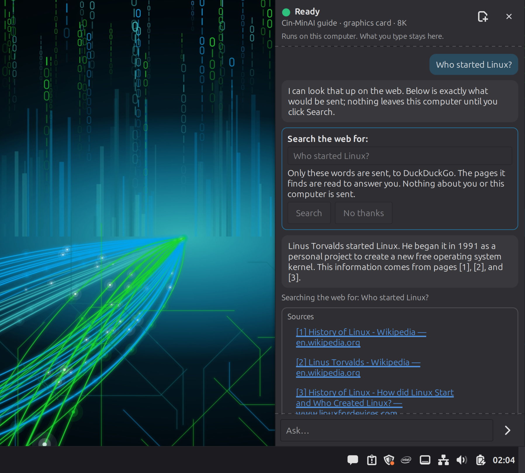 The Cin-MinAI sidebar answering “Who started Linux?”: it shows exactly what would be sent to the web, waits for the Search click, then answers with three sources
