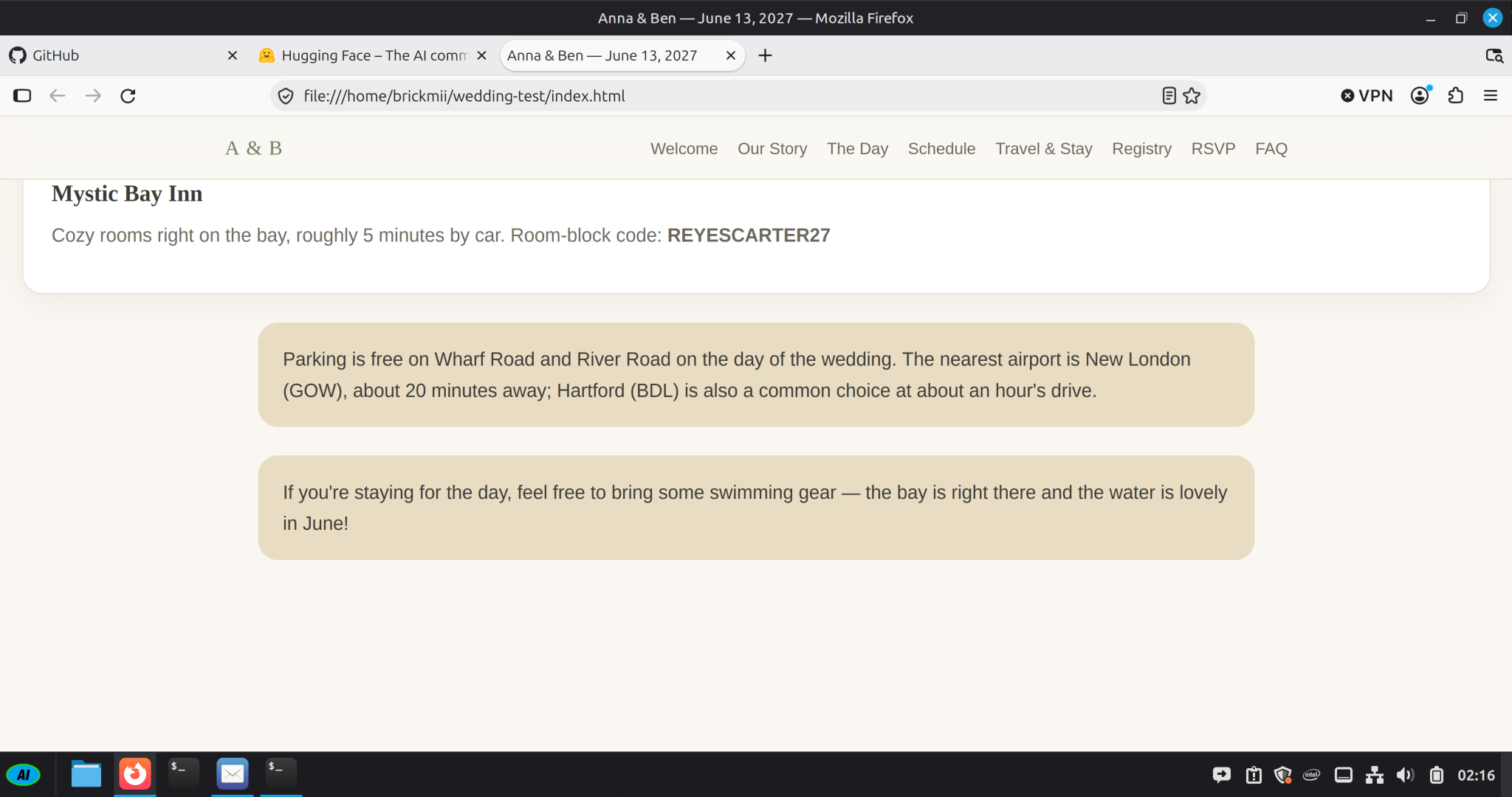 The wedding page in Firefox with the new swimming-gear note under the parking note